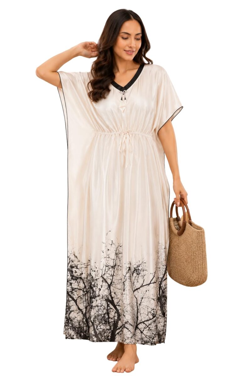 Noty ® Women's Kaftan Nighty | Digital Print | Satin Fabric | V Shaped Neck Nightwear | Nightdress for Girl (Cream, Free Size)