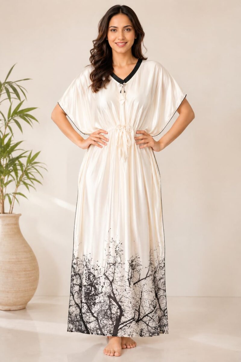 Noty ® Women's Kaftan Nighty | Digital Print | Satin Fabric | V Shaped Neck Nightwear | Nightdress for Girl (Cream, Free Size) - Image 3