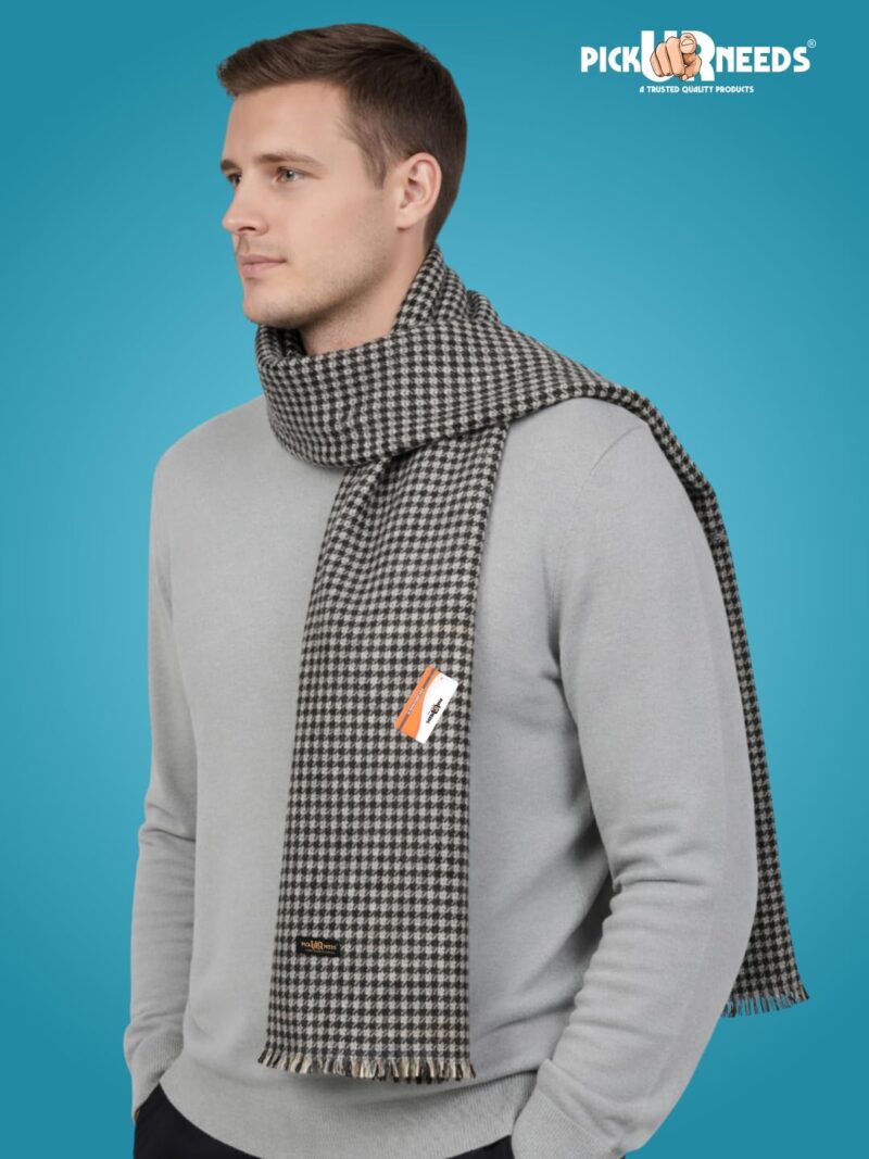 Reversible Winter Muffler for Men | Premium Soft Wool Blend Scarf | Dual-Design Check & Houndstooth Pattern | Warm & Stylish Winter Neck Wrap (Black) - Image 2