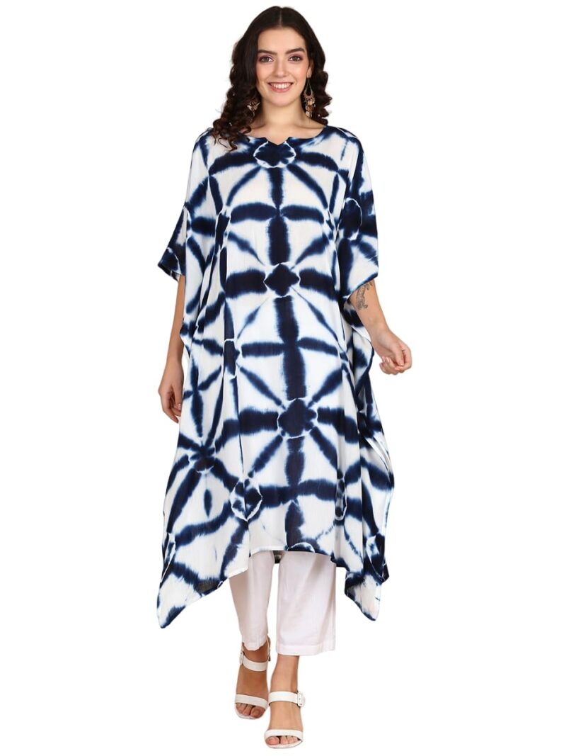 Maaesa Women Tie Dyed Crepe Kaftan Kurta (XXXX-Large, Navy Blue), Relaxed Fit