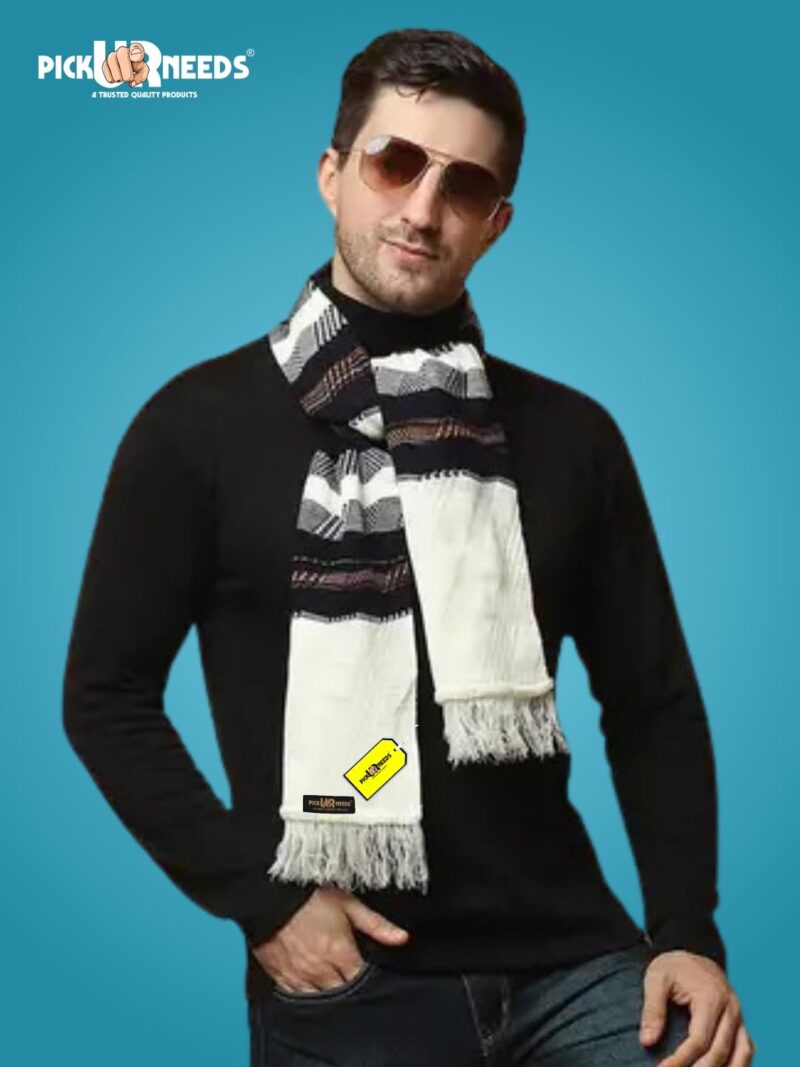 Soft Warm Wool Blend Scarf Premium Knitted Winter Muffler for Men with Stylish Geometric Pattern Trendy Casual & Formal Winter Wear Mufflers (White) - Image 5