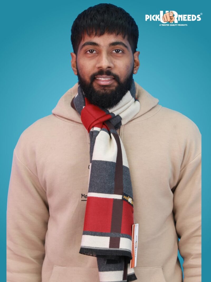 Wool Blend Muffler for Men Soft Winter Scarf with Elegant Checks All-Day Comfort (RED BEIGE) - Image 5