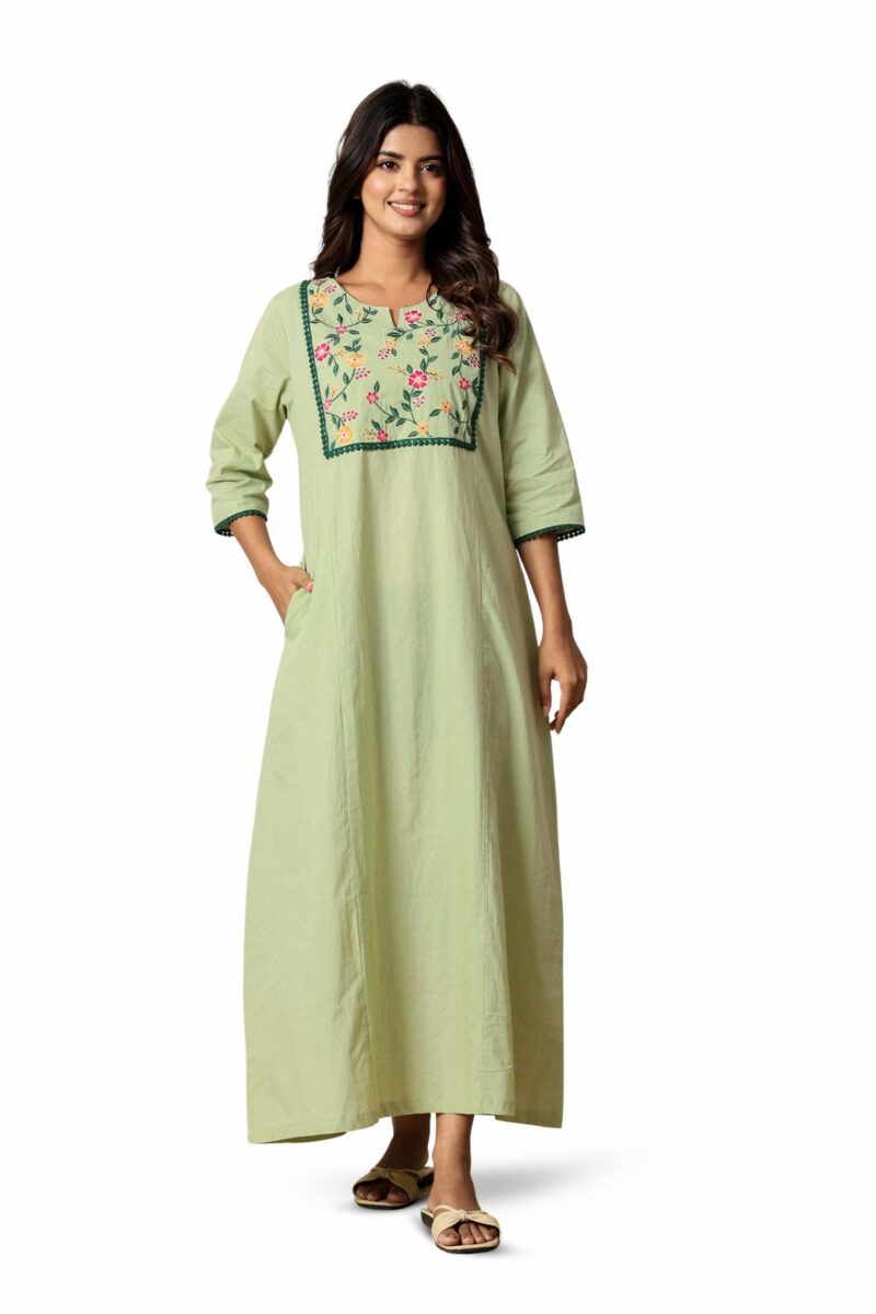 NIHSAMAH Premium Women’s Embroidered Nighty – 100% Cotton, Full-Length Comfort Sleepwear Long Nightwear, Soft Fabric for Daily & Night Use, Maxi (Light Green, M-Bust-42)