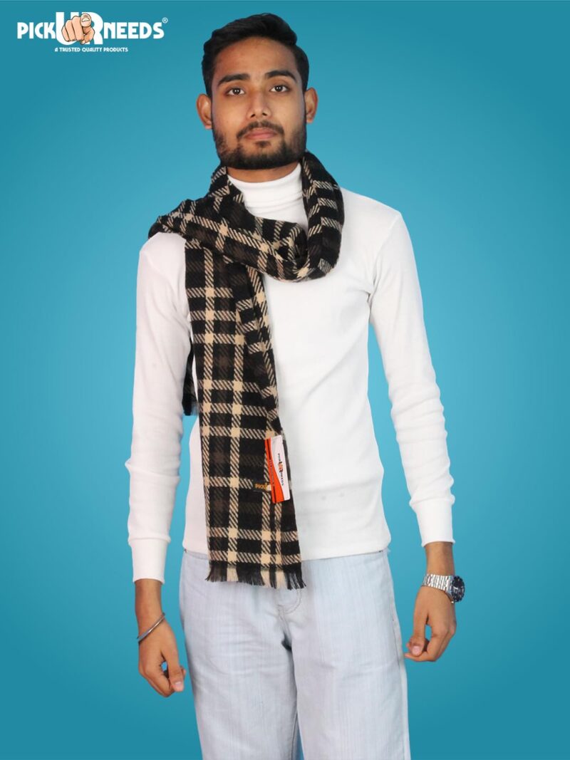 Men’s Checked Winter Muffler Soft Textured Wool-Blend Scarf for Men Classic Check Design for Office, Casual & Travel Wear (Black) - Image 2