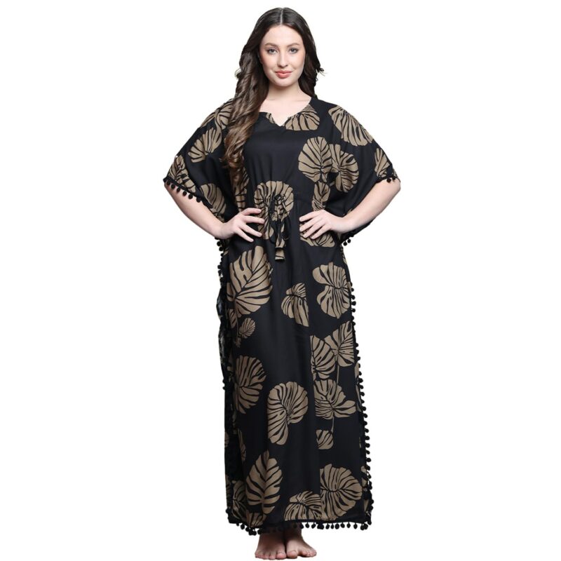 Secret Wish Black Floral Rayon Kaftan Full Length