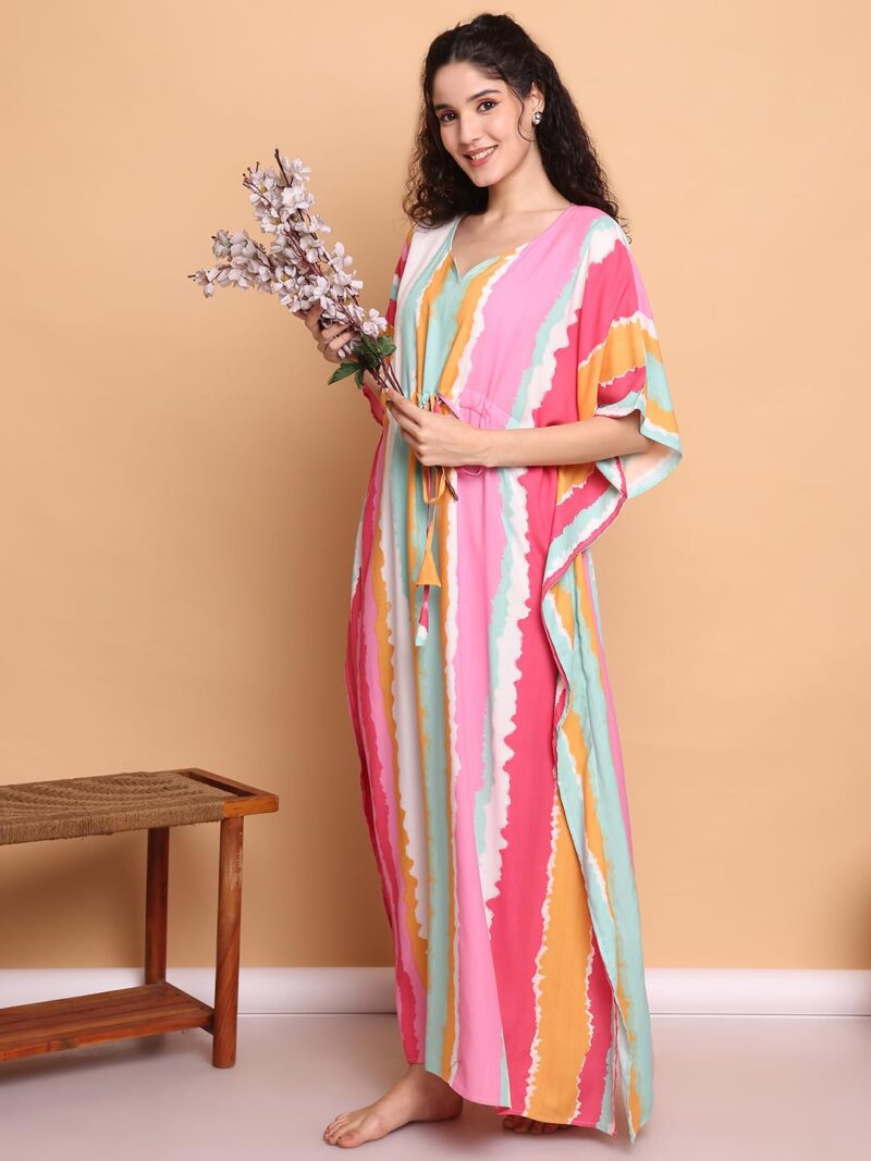 Secret Wish Multi Striped Rayon Kaftan/Free Size/Printed/Drawstring/Nightdress/Nightwear/Full Length - Image 7