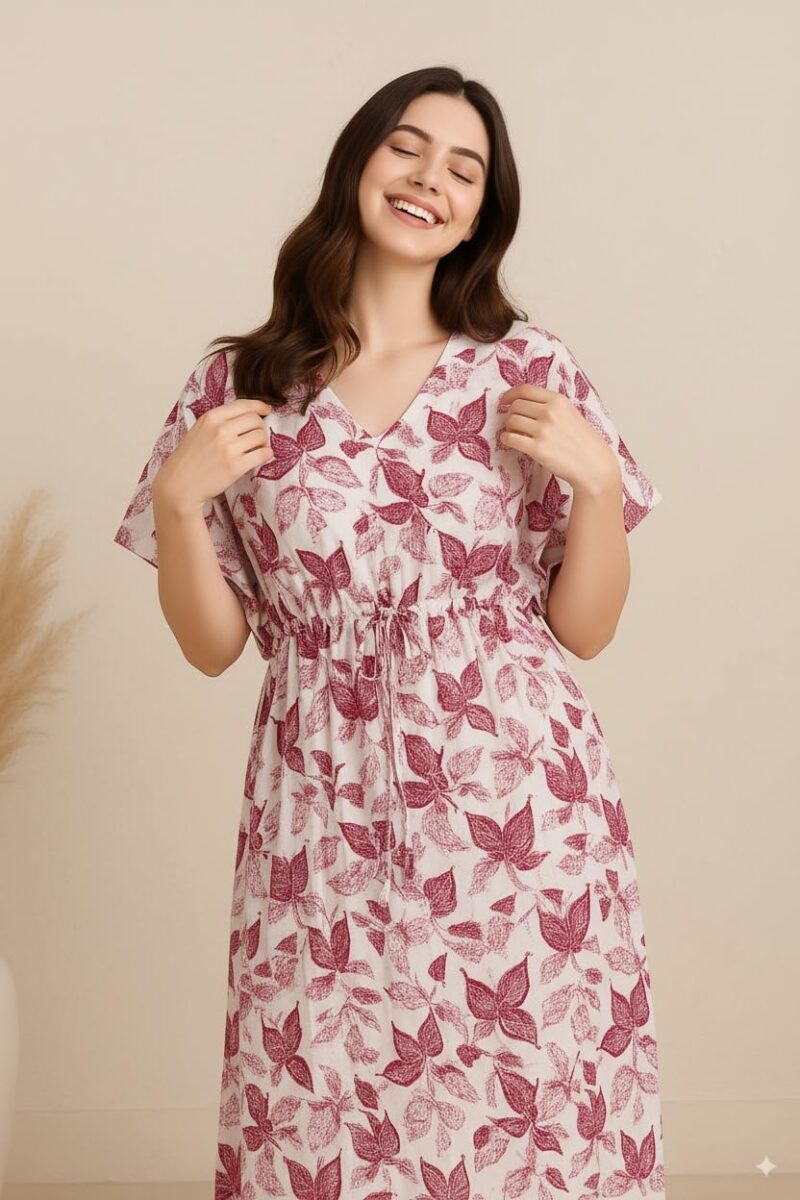 Bahumaan Pure Cotton Kaftan Nighty for Women | Kaftan Maxi for Women | Kaftan Night Gowns for Women | Cotton Nighty for Women Stylish | (Dark Pink, Free Size) - Image 3