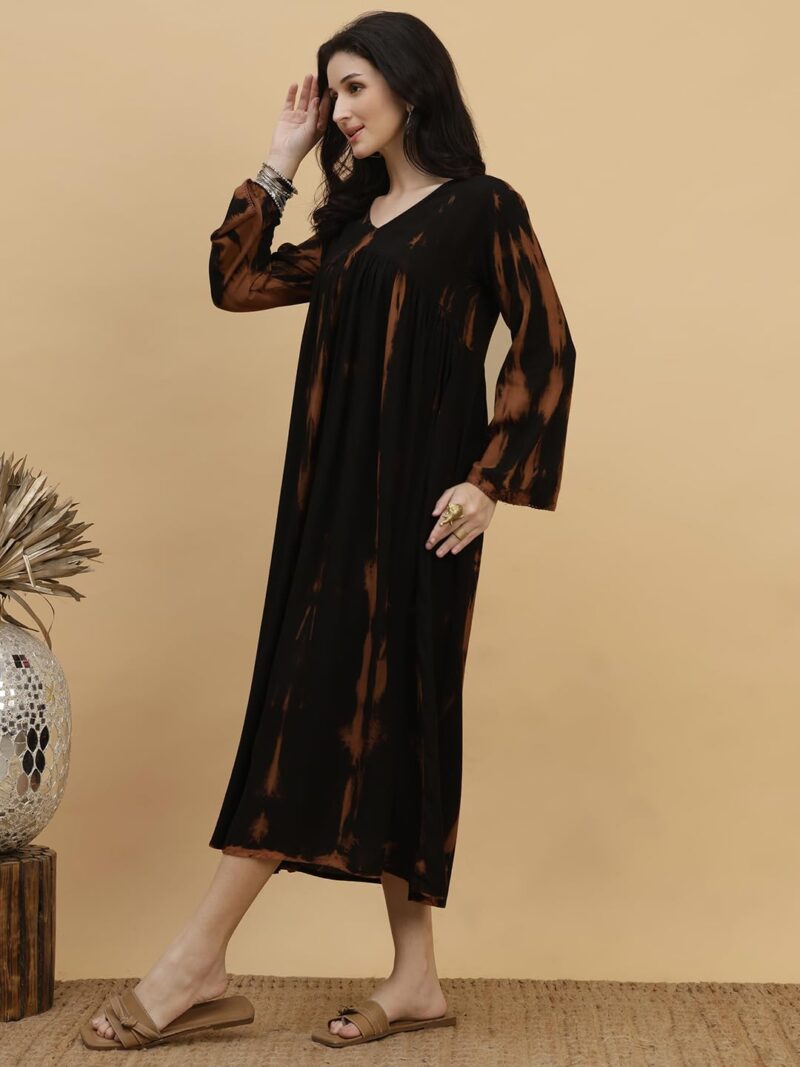Maaesa Women Black Handcrafted Tie & Dye Rayon Staple V-Neck A-Line Dress | Casual & Office Wear | Lightweight & Breathable Fabric - Image 3