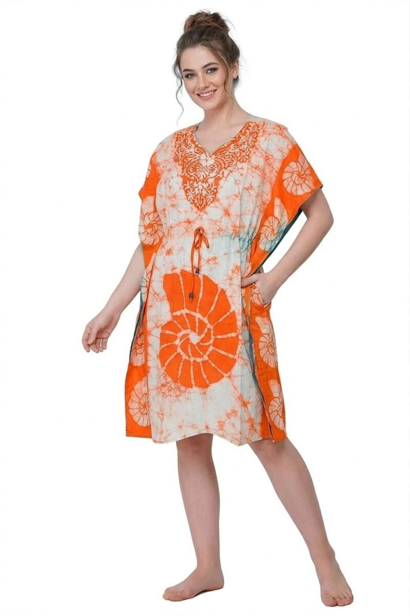 Onekbhalo Printed Cotton Short Kaftan Women Beach Wear Kimiono Gown Dress (in, Alpha, 3XL, Plus, Orange)