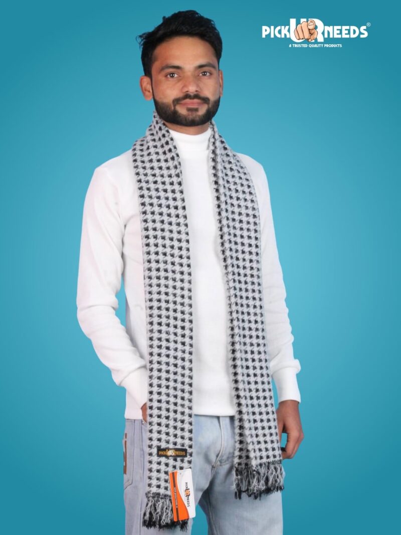 Soft Warm Woolen Premium Winter Muffler for Men Scarf with Stylish Check Pattern Long & Comfortable Cold Weather Neck Wrap (Grey Black) - Image 2