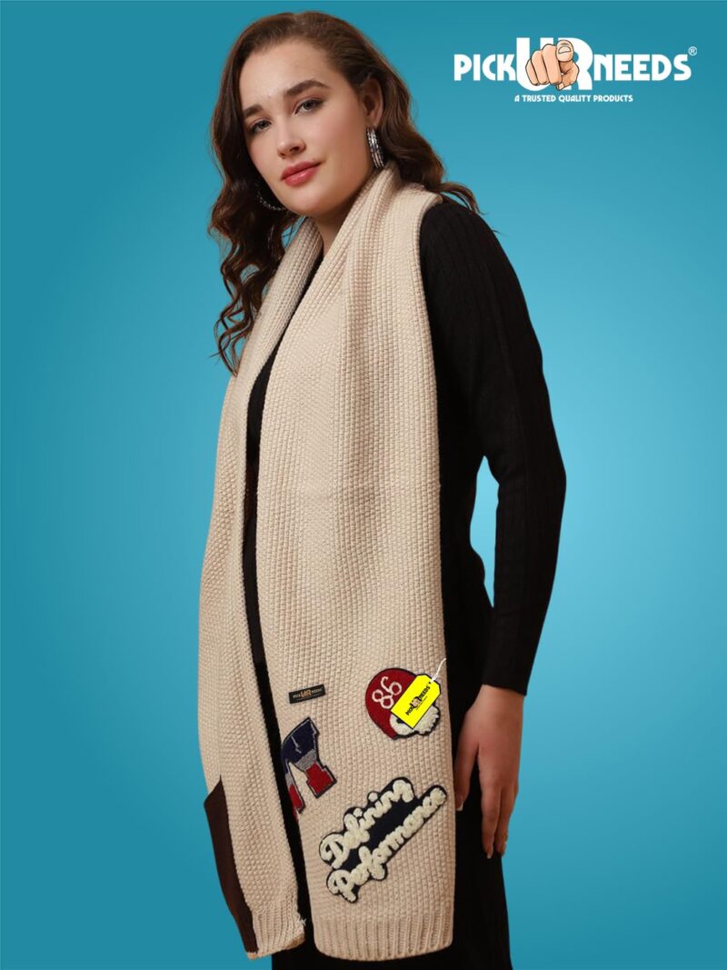 Women Winter Woolen Muffler with Trendy Patch Design Soft Warm Knitted Scarf for Girls & Ladies Stylish Casual Mufflers (Cream) - Image 3