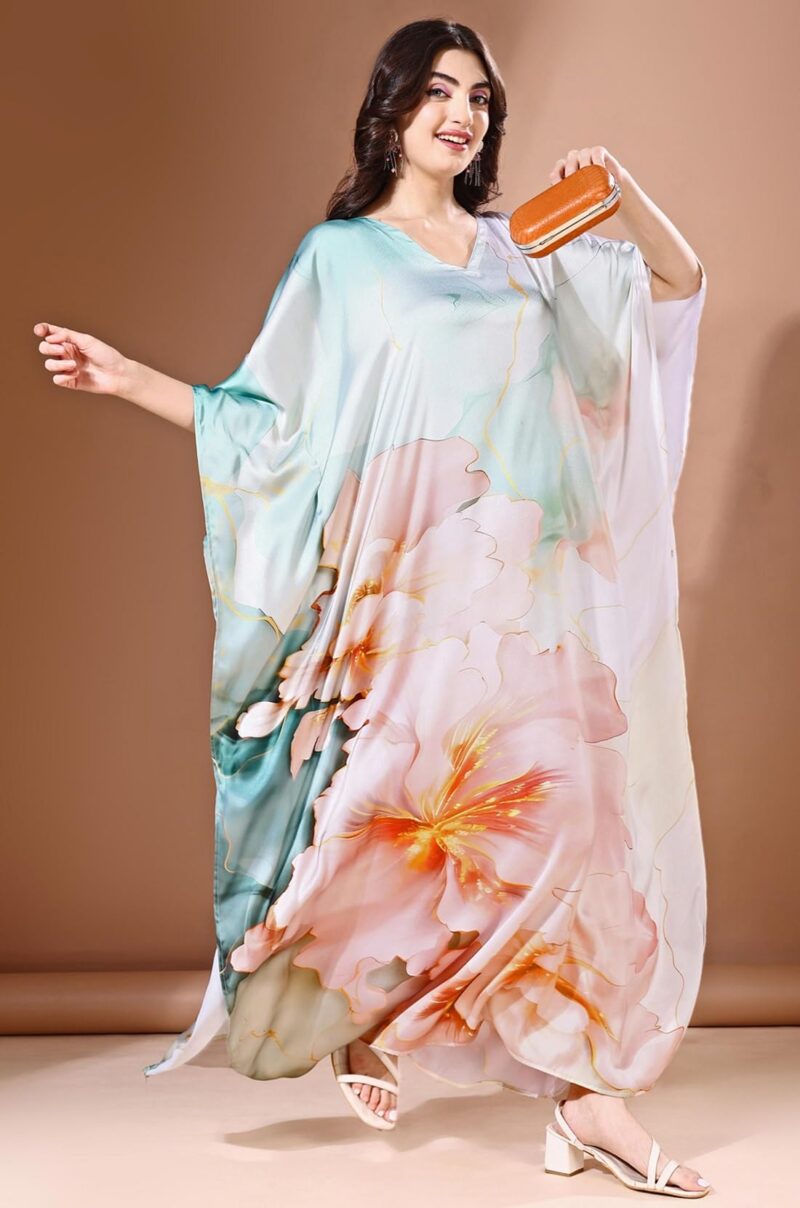Label Aarna Premium Soft Satin Kaftan Dress for Women / Digital Print / Free Size (M-3XL) / Hidden Adjustable Belt / Full length / Maxi / Resort Wear - Image 7