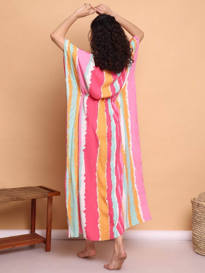 Secret Wish Multi Striped Rayon Kaftan/Free Size/Printed/Drawstring/Nightdress/Nightwear/Full Length - Image 5