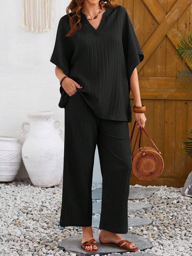 TADKEE Women's Solid Color V-Neck Kaftan Sleeve Casual Wear Co ord Set | Kurta Set for Women (FN-Sugar-Cord-121-Black-XL) - Image 3