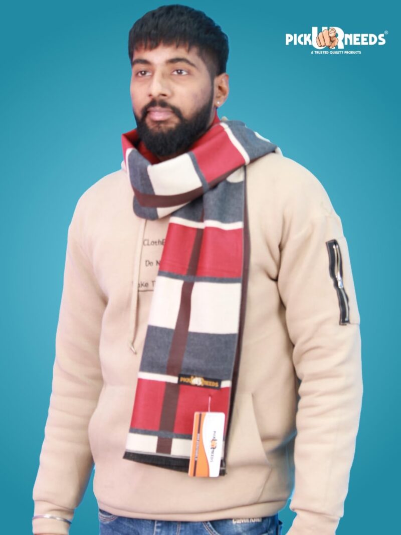 Wool Blend Muffler for Men Soft Winter Scarf with Elegant Checks All-Day Comfort (RED BEIGE) - Image 2