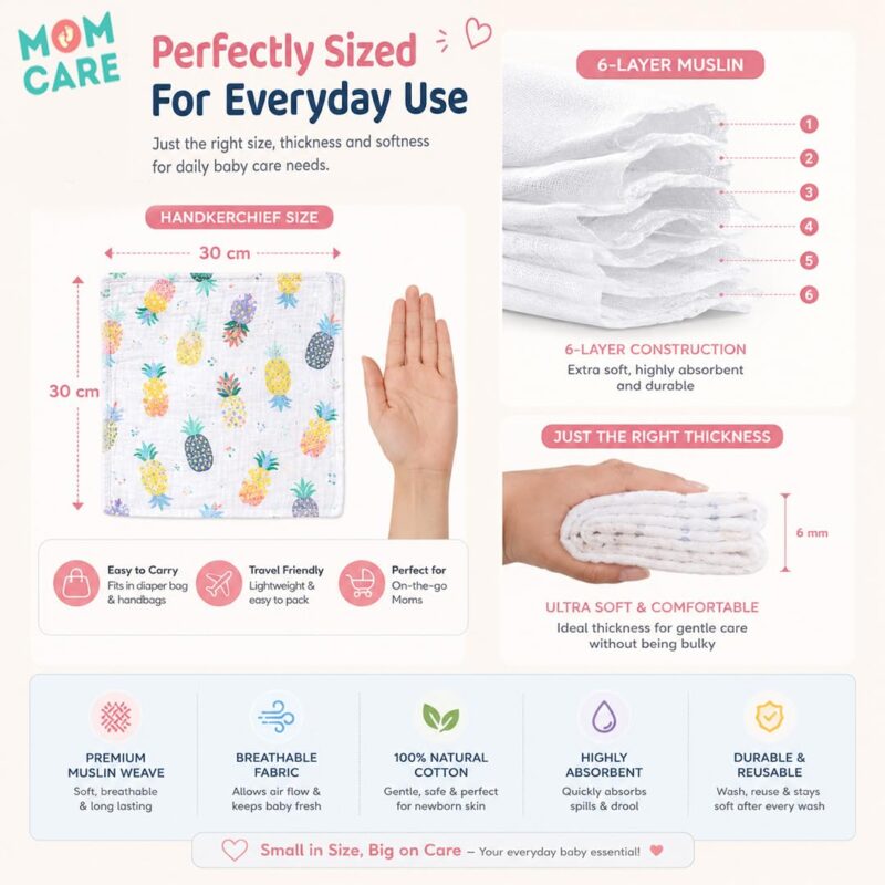 MOM CARE Muslin Cloth for New Born Baby, 6 Layer Reusable Cotton Washcloth Napkins, Face Towels, Absorbent Feeding Wipes and Burp Cloths for Baby, 30 x 30 cm, Pack of 5 - Image 7