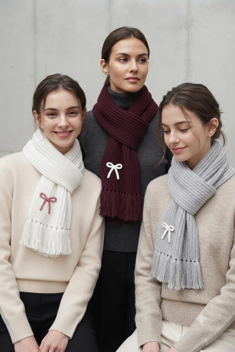 KB STAR Cute Bow Women Casual Luxurious Premium Checkered Acrylic Woolen Muffler/Scarf/Stole for Winter (Off White) - Image 2