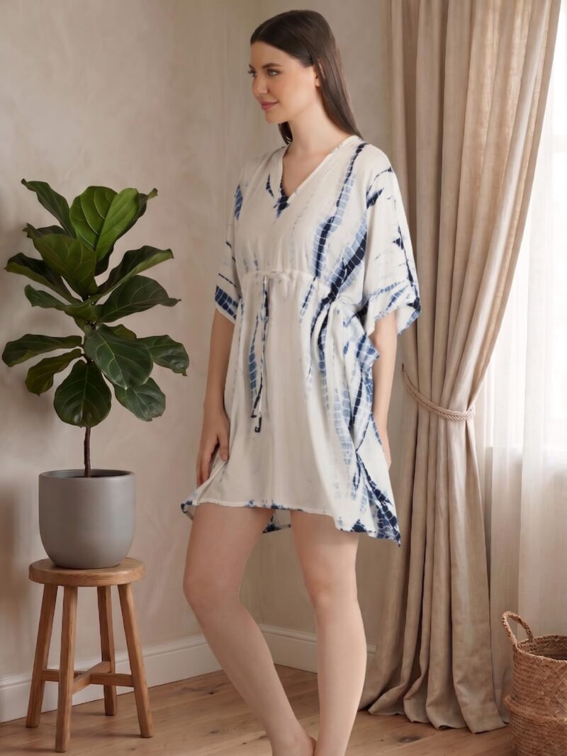 Safeera Women's Printed Rayon Short Kaftan with Pocket | Soft & Breathable Lounge Wear | Kaftan Dress for Women | Kaftan Nighty | Relaxed Fit | Free Size Whiteblue - Image 3
