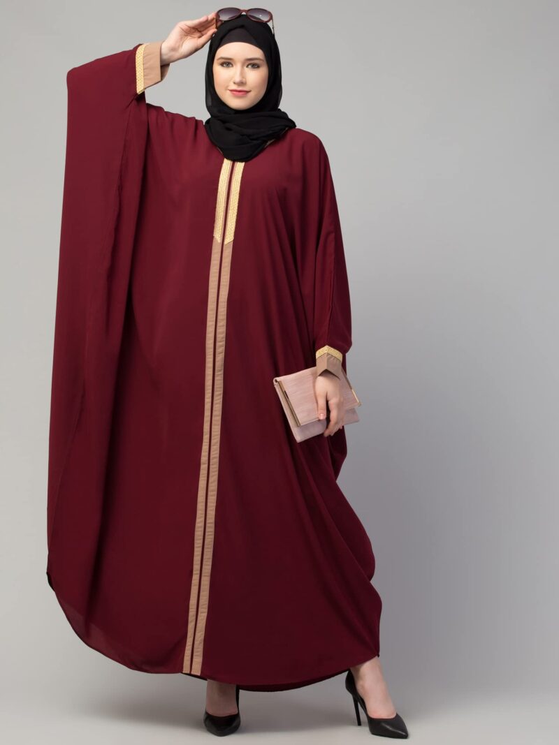 Muslim Closet Free Size Elegant Kaftan Abaya with Striped Design - Irani Kaftan Burqa for Women and Girls (Maroon) - Image 6