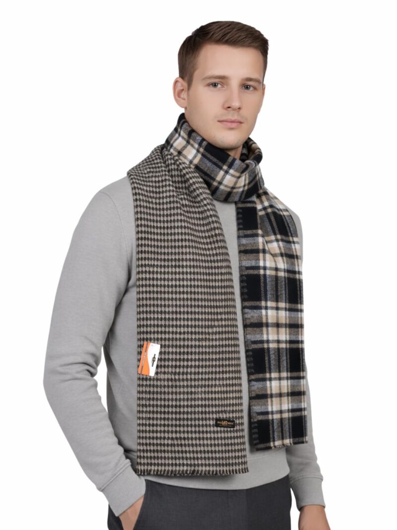Reversible Winter Muffler for Men | Premium Soft Wool Blend Scarf | Dual-Design Check & Houndstooth Pattern | Warm & Stylish Winter Neck Wrap (Black)