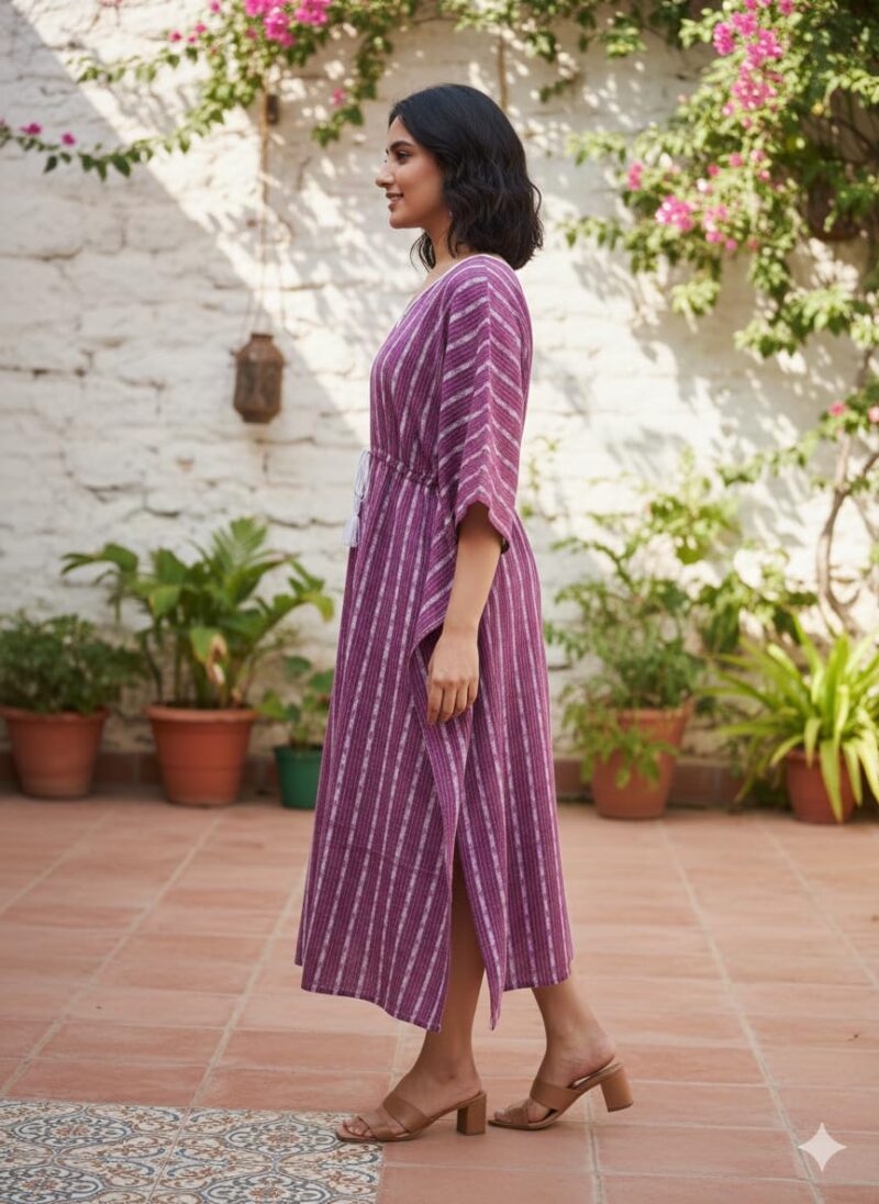 Crafts Moda Women's Cotton Kaftan - Night Dress Loungewear Relaxed Fit Midi Dress - Kantha Work Purple - Image 3