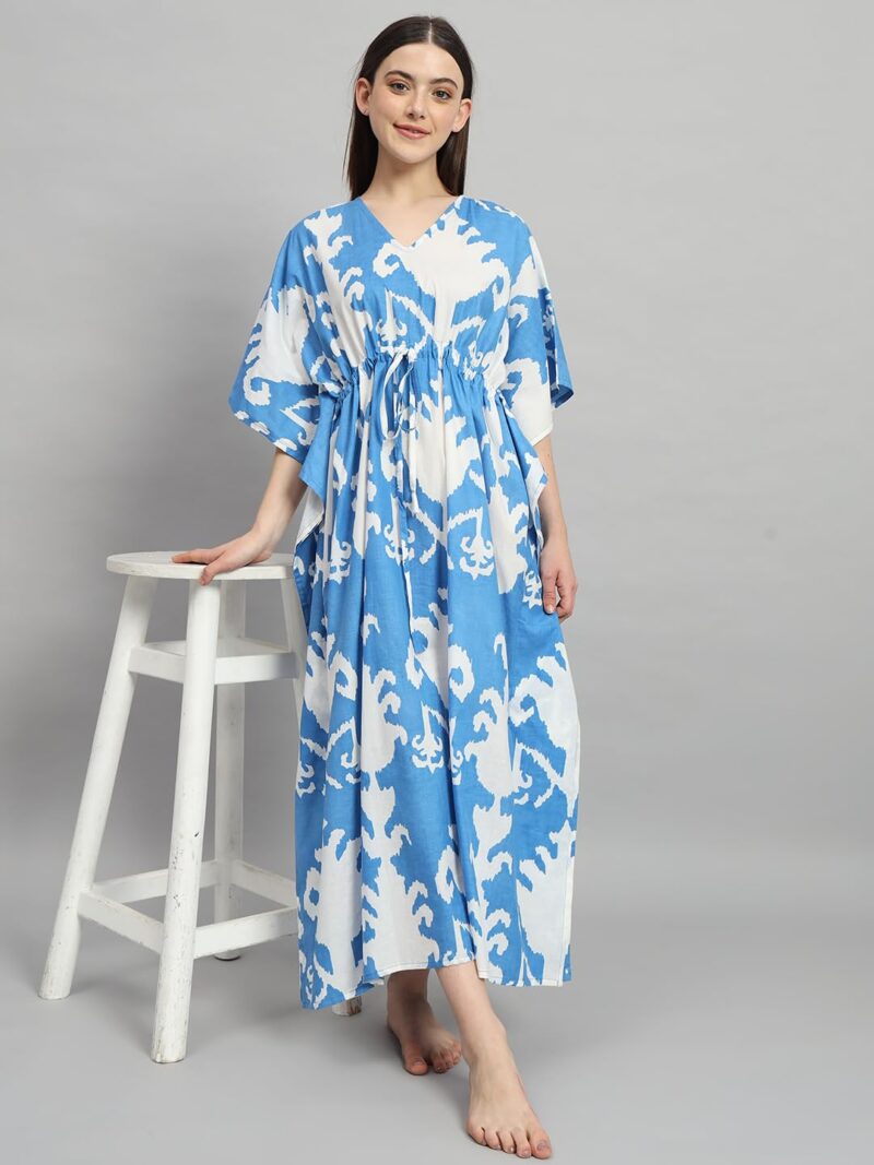 Ravaiyaa - Attitude is everything Women's 100% Cotton Printed Kimono Sleeves V-Neck with Adjustable Drawstring Long Kaftan (White Turquoise) - Image 2