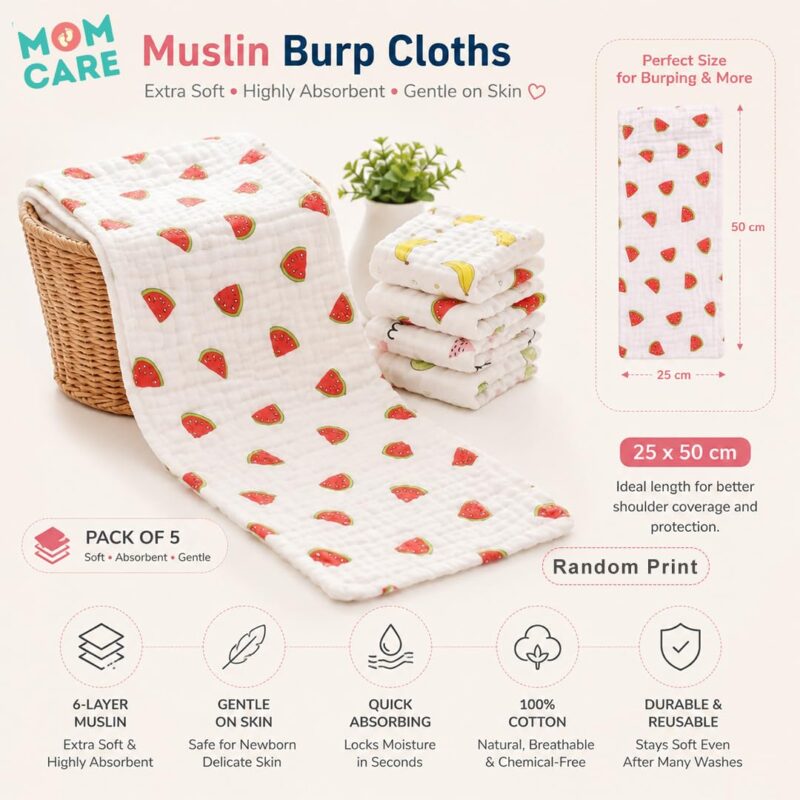 MOM CARE Muslin Cloth for New Born Baby | 6 Layer Soft Cotton | Burp Cloths, Baby Towels, Washcloth, Handkerchief & Feeding Wipe Cloth | Reusable | Pack of 5 - Image 5