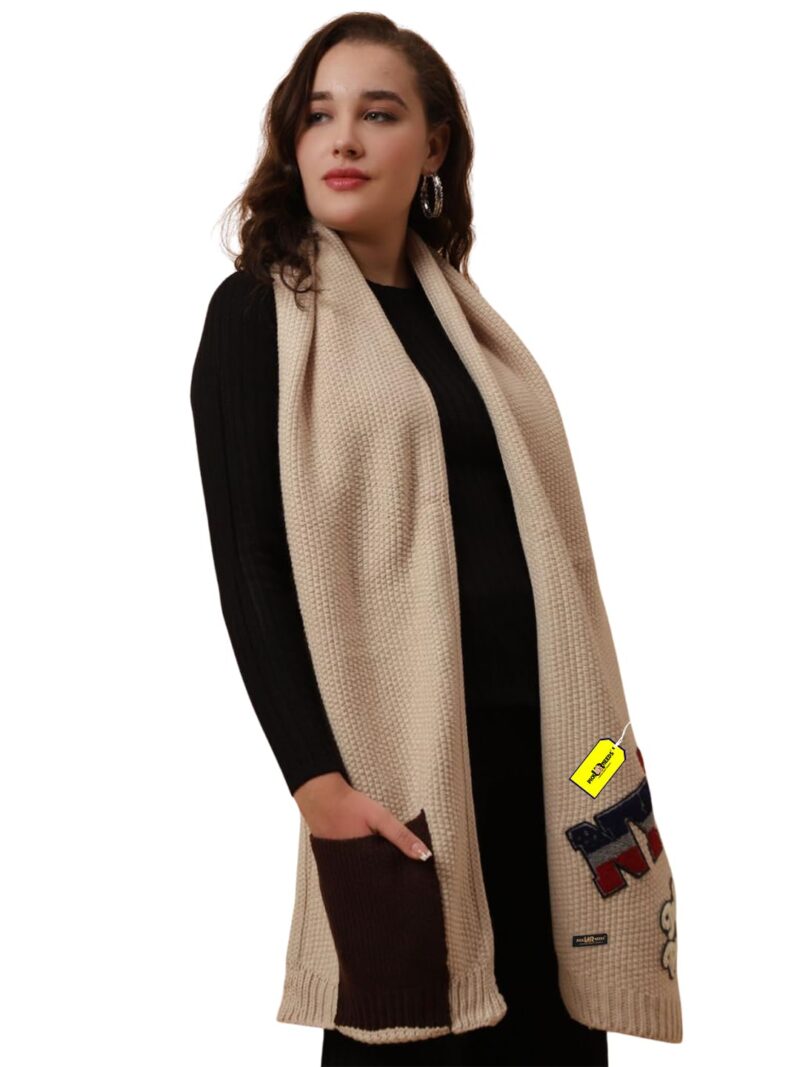 Women Winter Woolen Muffler with Trendy Patch Design Soft Warm Knitted Scarf for Girls & Ladies Stylish Casual Mufflers (Cream)