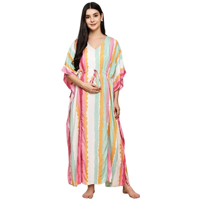 Secret Wish Multi-Coloured Striped Rayon Maternity Kaftan/Maxi Nighty/Free Size/Feeding/Nursing/Zipper/Drawstring