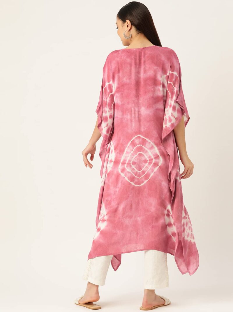 Maaesa Women Tie And Dye Loosefit Crepe Kaftan Relaxed Fit Kurta (Pink-White, Large) - Image 4