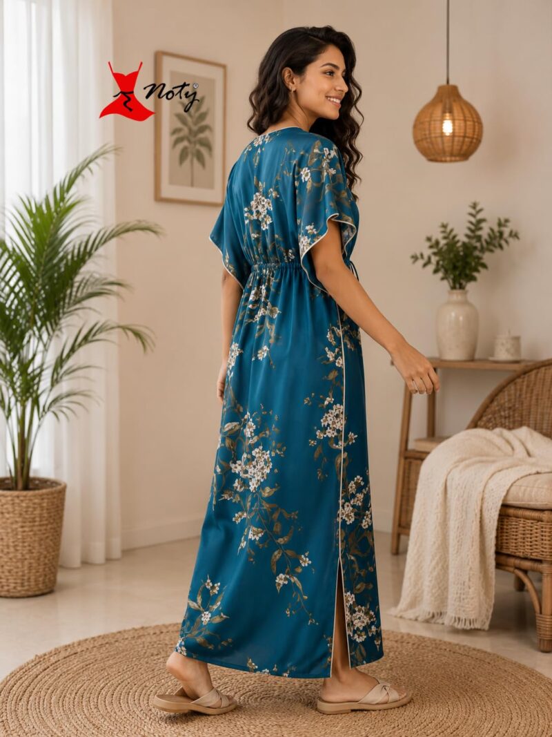 Noty® Women’s Printed Kaftan Nightwear | Long Lounge Dress with Drawstring Waist | Soft Lightweight V-Neck Nightdress for Women Teal - Image 4