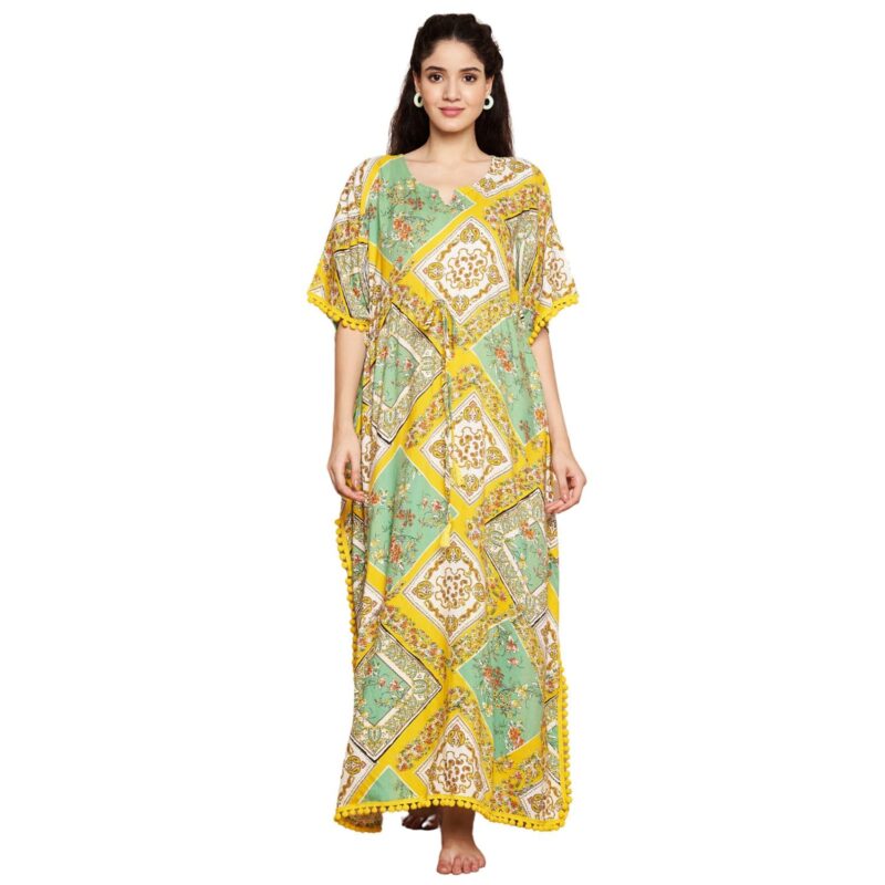 Secret Wish Yellow Geometric Print Rayon Kaftan/Free Size/Printed/Drawstring/Full Length