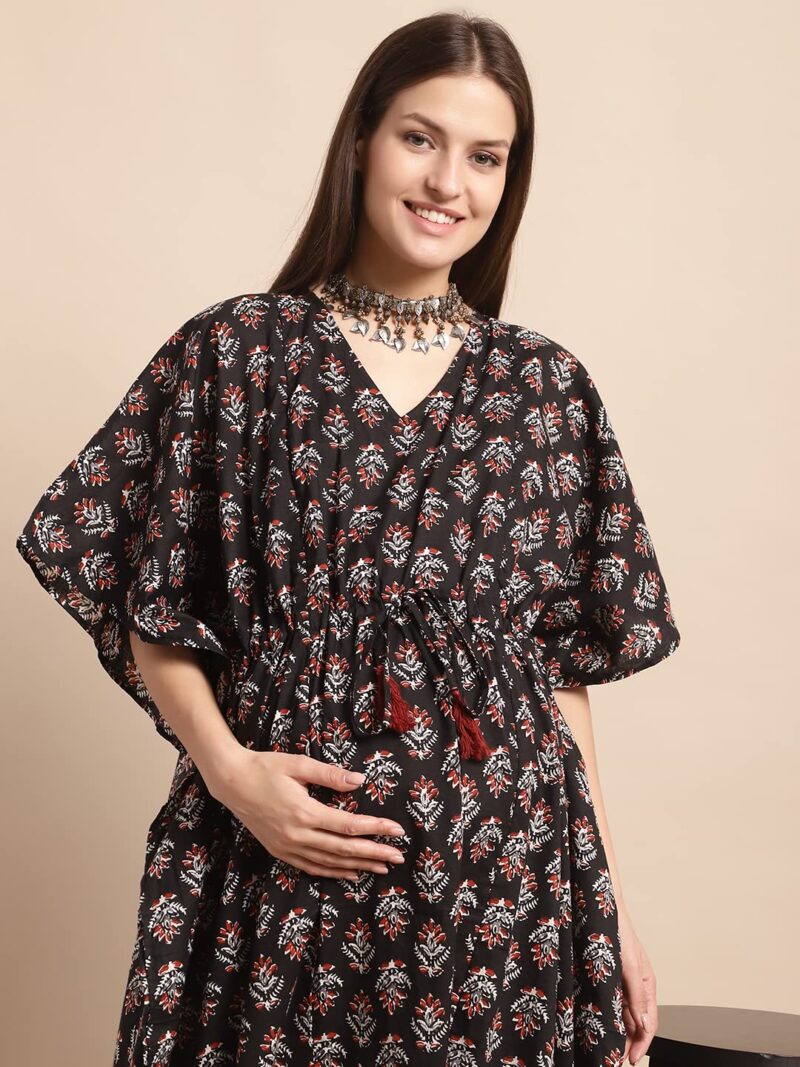 Secret Wish Women Cotton Maxi Black Floral Maternity Kaftan Nighty, Free size - Image 8