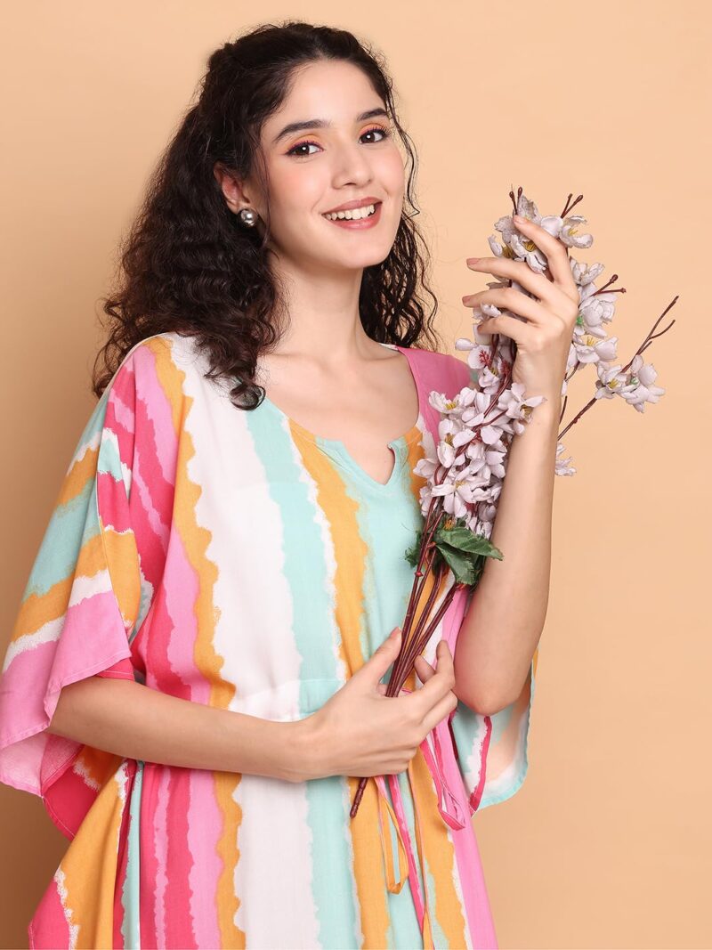 Secret Wish Multi Striped Rayon Kaftan/Free Size/Printed/Drawstring/Nightdress/Nightwear/Full Length - Image 6