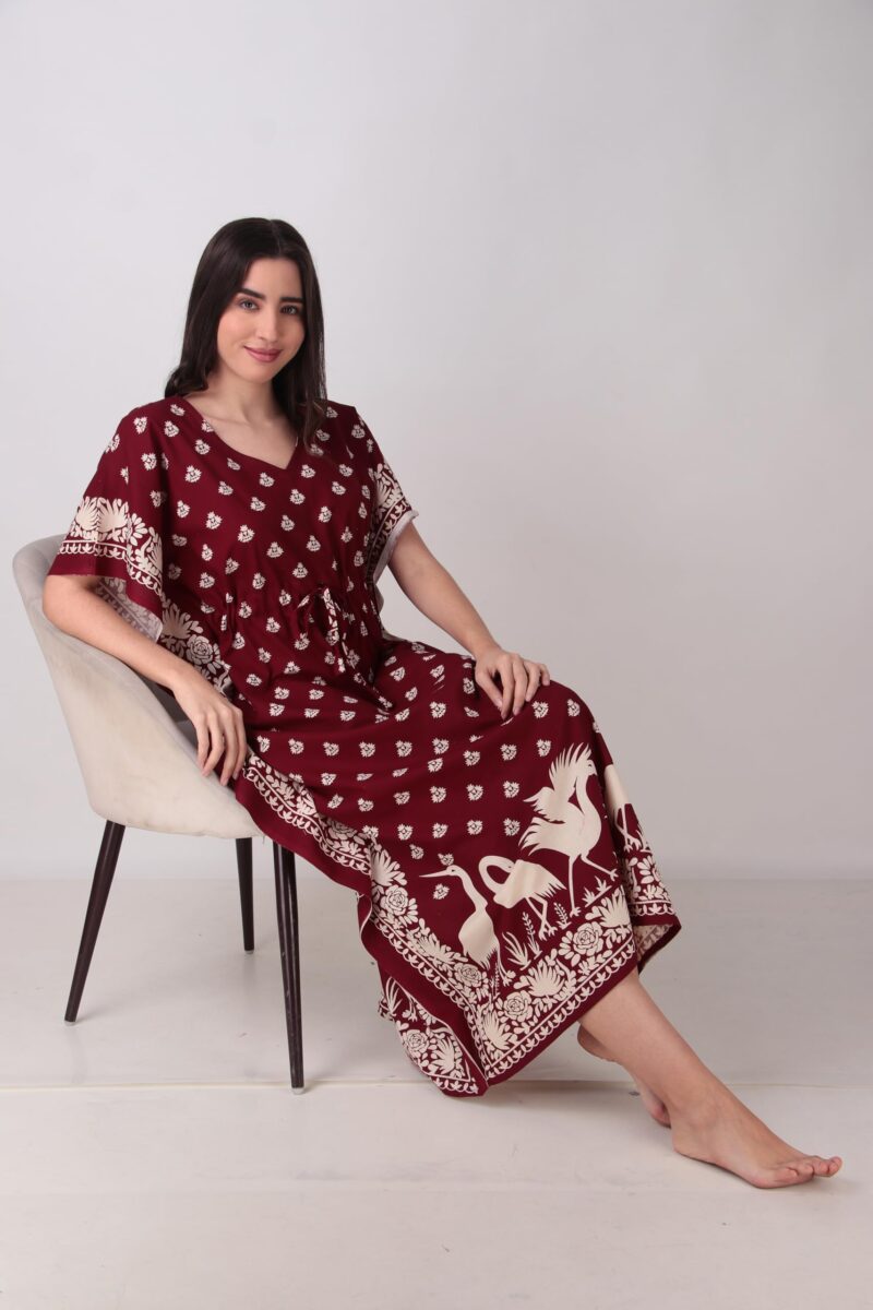 Masha Women's Cotton Printed Saras Kaftan Nighty Maroon - Image 5