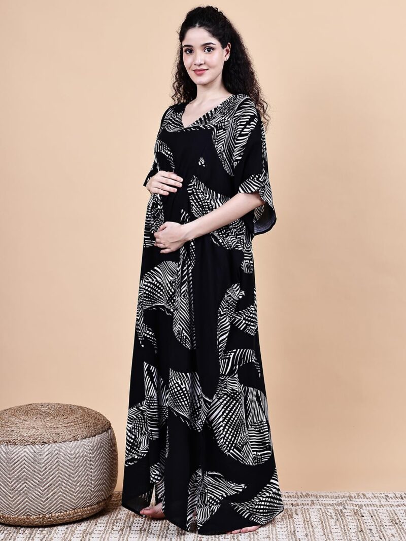 Secret Wish Rayon Maternity Kaftan Nighty/Free Size/Feeding/Nursing/Zipper/Drawstring/Full Length (Black III) - Image 5