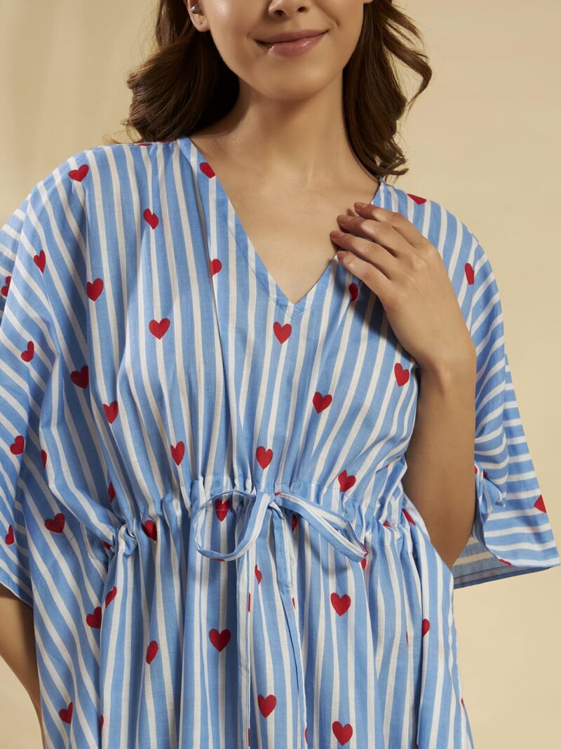 Ravaiyaa - Attitude is everything Women Blue White Striped & Heart Printed Cotton V-Neck Knee Length Kaftan Dress Nighty | Vacation Wear | Beach Wear - Image 4