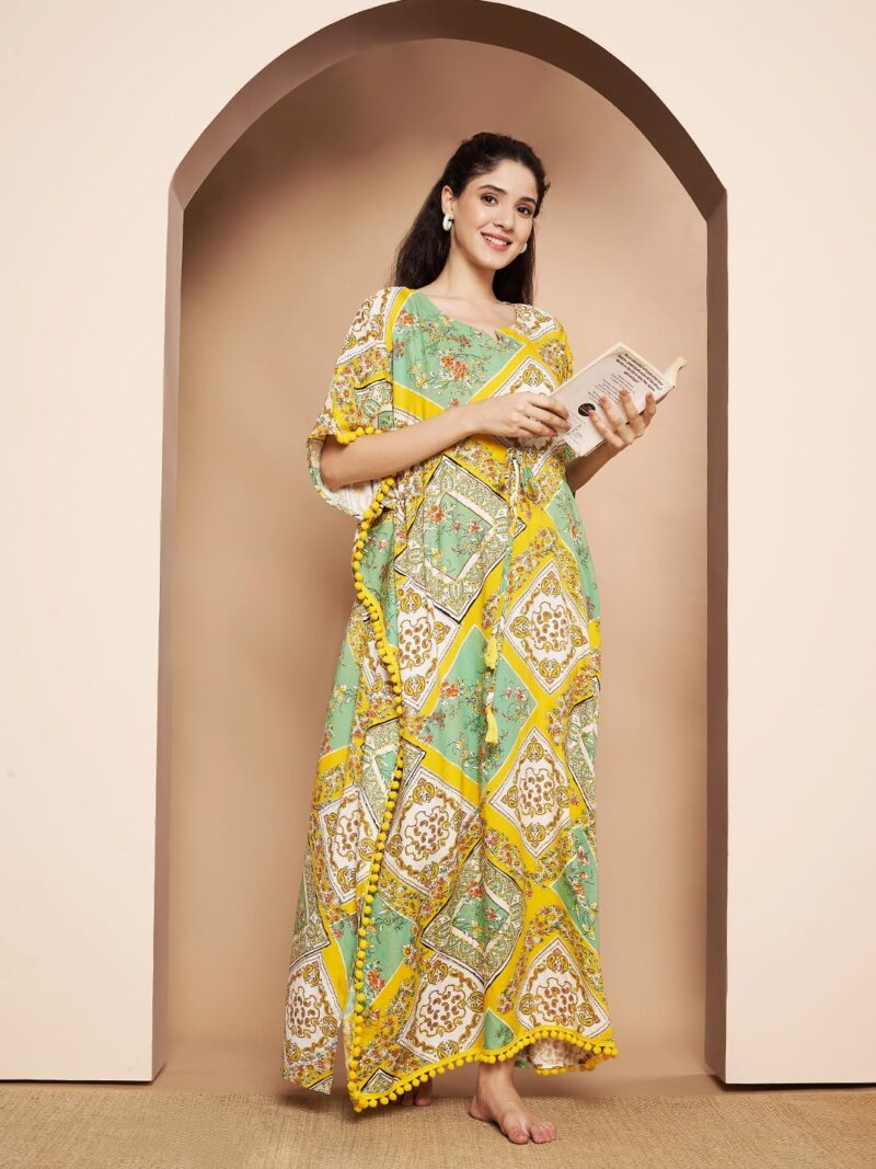 Secret Wish Yellow Geometric Print Rayon Kaftan/Free Size/Printed/Drawstring/Full Length - Image 7