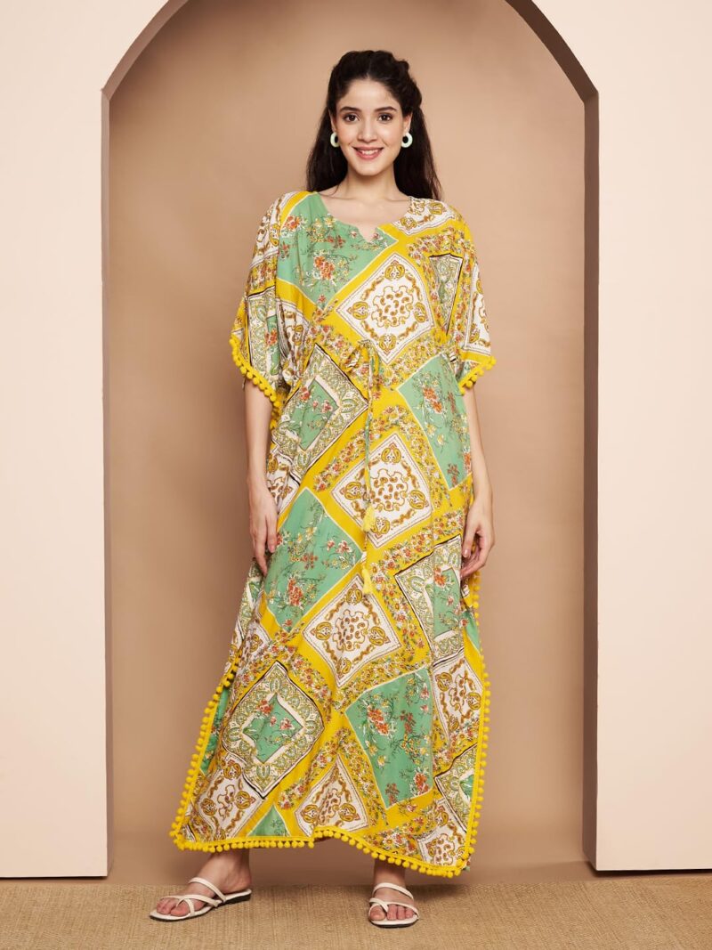 Secret Wish Yellow Geometric Print Rayon Kaftan/Free Size/Printed/Drawstring/Full Length - Image 6