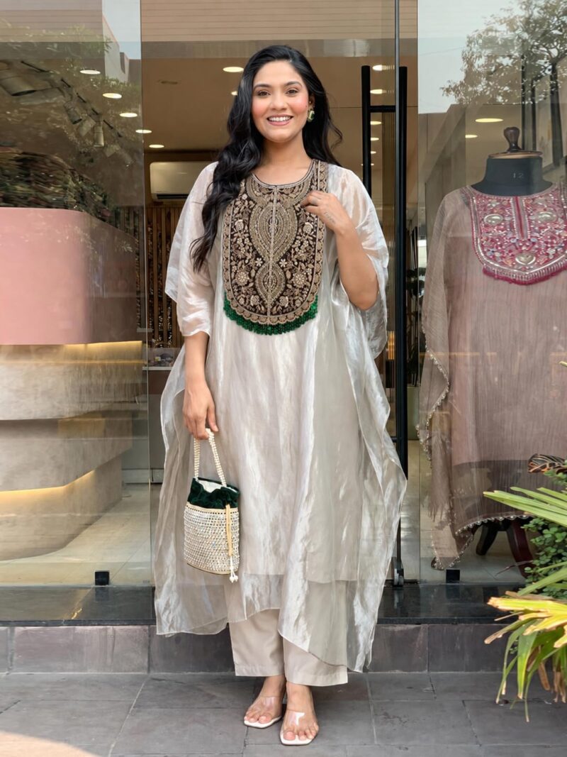 GoSriKi Women's Glass Tissue Embroidered Kaftan Kurta with Palazzo for Women (Chiran Beige-GS_XL_Beige_XL) - Image 3