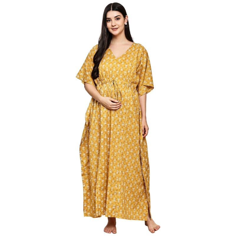 Secret Wish Mustard Floral Cotton Maternity Kaftan & Feeding Kaftan| Loose Fit Nursing Nighty with Zipper | Pregnancy Dress