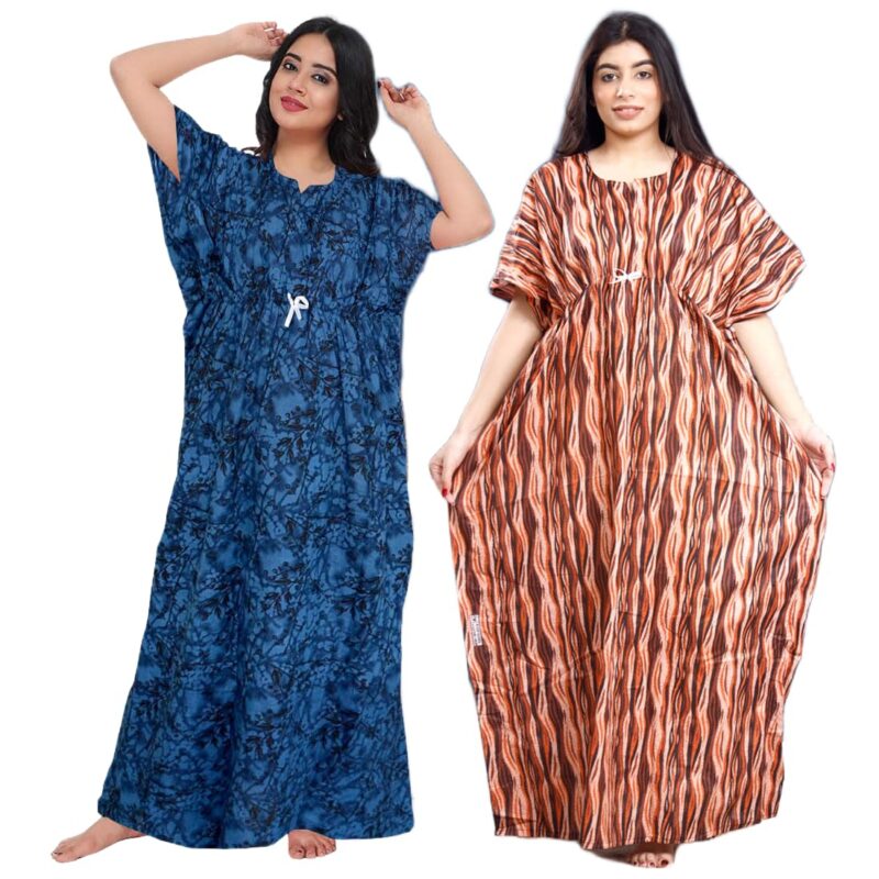 Women Cotton Combo (Pack of 2) Nighty Gown Round Neck Short Sleeves Jaipuri Kaftan Maxi Gown Kaftan Muliticolored Multicolour