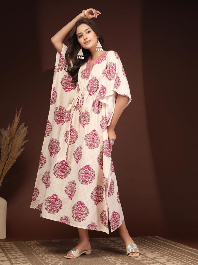 GLAMALUE Women Cotton Floral Printed Kaftan, Cream and Pink, V-Neck with Drawstring Waist, Maxi Length - Image 4