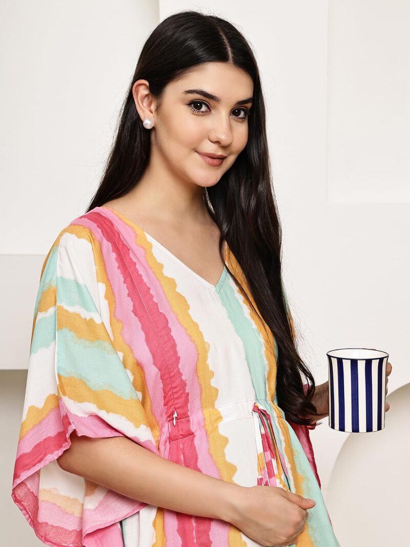 Secret Wish Multi-Coloured Striped Rayon Maternity Kaftan/Maxi Nighty/Free Size/Feeding/Nursing/Zipper/Drawstring - Image 8