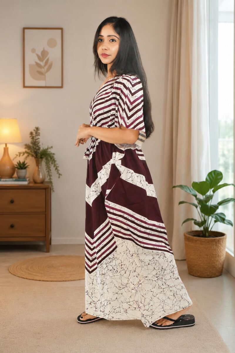 BDROX Women’s Printed Maroon Cotton Kaftan Nighty | Long Maxi Lounge Dress with Drawstring Waist | Soft, Breathable & Comfortable Nightwear - Image 4
