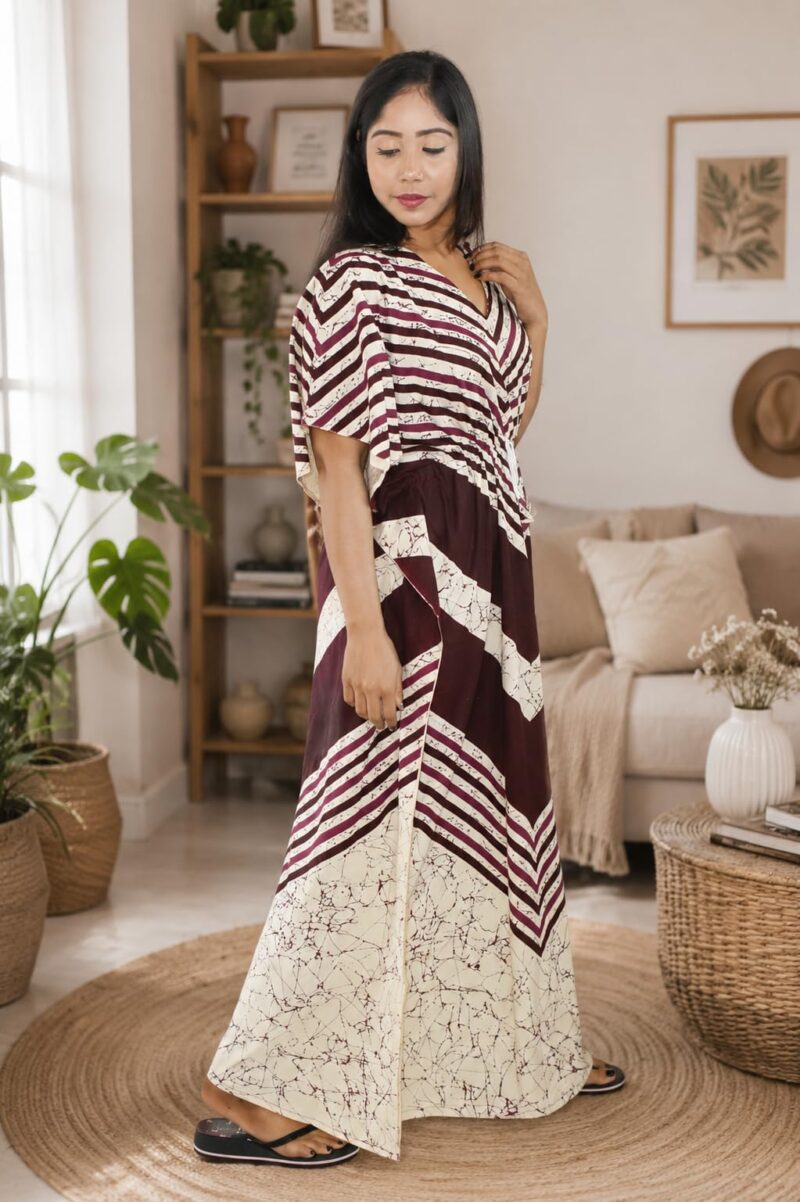 BDROX Women’s Printed Maroon Cotton Kaftan Nighty | Long Maxi Lounge Dress with Drawstring Waist | Soft, Breathable & Comfortable Nightwear - Image 5