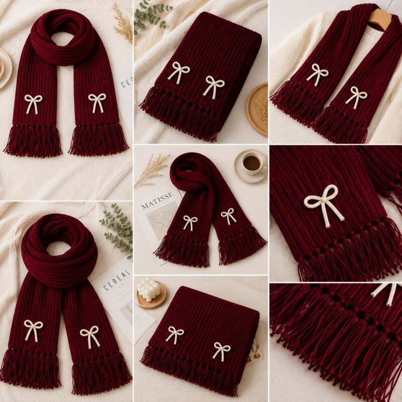 KB STAR Cute Bow Women Casual Luxurious Premium Checkered Acrylic Woolen Muffler/Scarf/Stole for Winter (Mehroon) - Image 2
