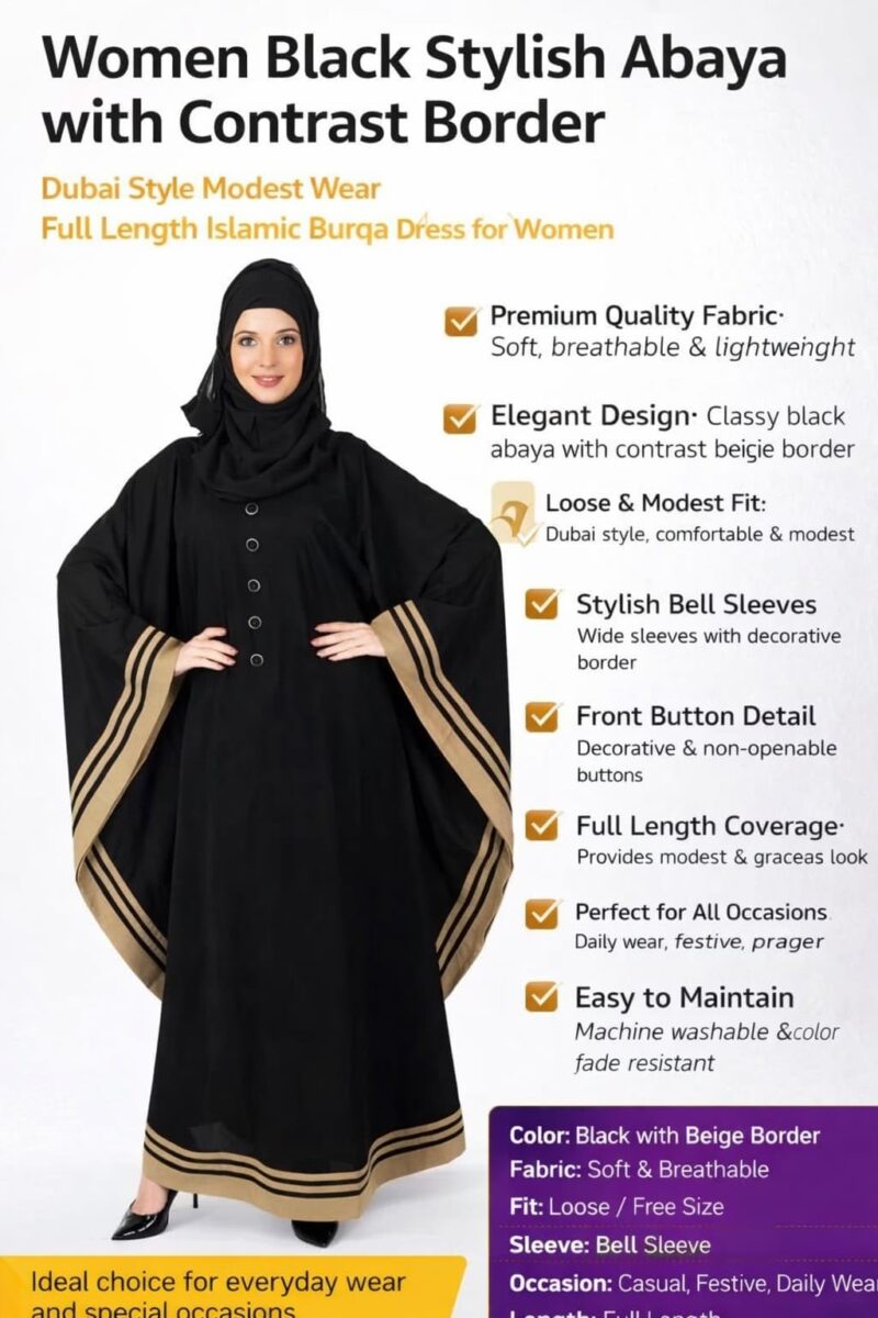 Women's Pure Cotton Muslim Abaya Burqa with Hijab | Dubai Style Kaftan with Side Patti (Free Size) Black - Image 3