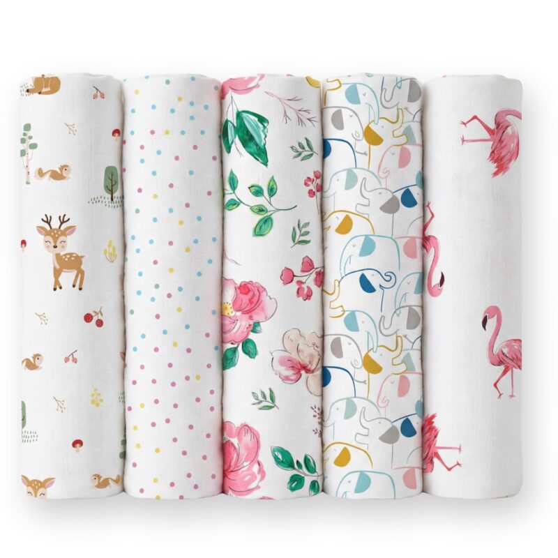 haus & kinder 100% Cotton Muslin Swaddle Wrap for New Born Baby | Pack of 5 (100×100 cm) | Baby Blanket & Swaddles for Newborn | Safari Squad Collection