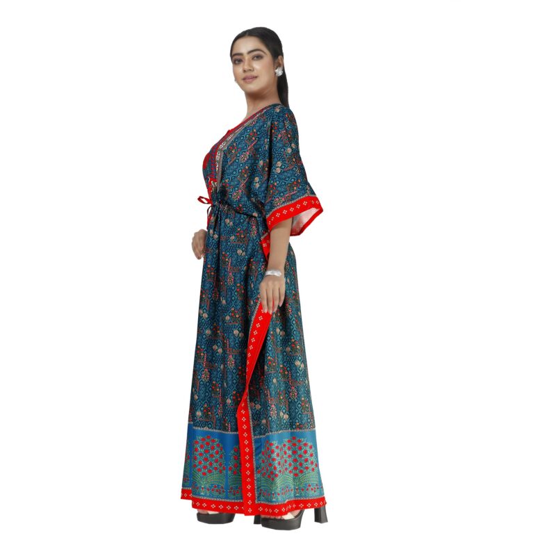 daintier Women's Rayon Cotton Long Kaftan Dress V-Neck Maxi Caftan with Drawstring Waist Casual Boho Loungewear Beach Swimsuit Cover Up Nightgown Sleepwear Resort Wear Daily House Dress(Teal Red) - Image 3